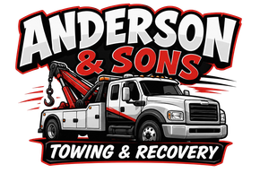 Anderson & Sons towing and recovery logo with a tow truck in black, white, and red