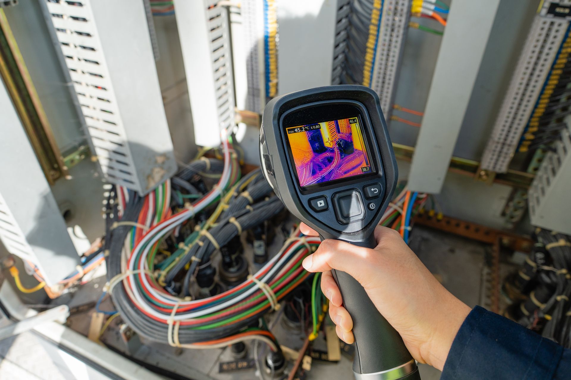 Handheld thermal camera inspecting electrical wiring in a high-rise utility area