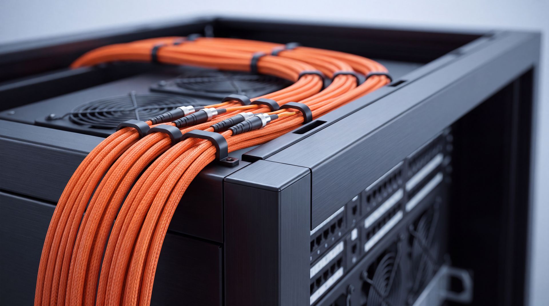 Orange network cables neatly routed over a black server rack in a data center.
