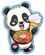 Cute cartoon panda holding ice cream cone and a bowl of ramen, smiling brightly.