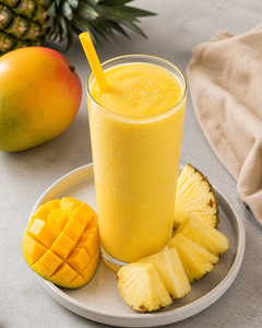 Pineapple smoothie in a glass with sliced pineapple on a plate, alongside a whole mango on a table.