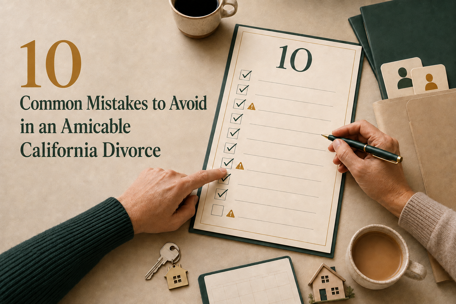 A calm divorcing couple reviewing an organized checklist with a neutral mediator.