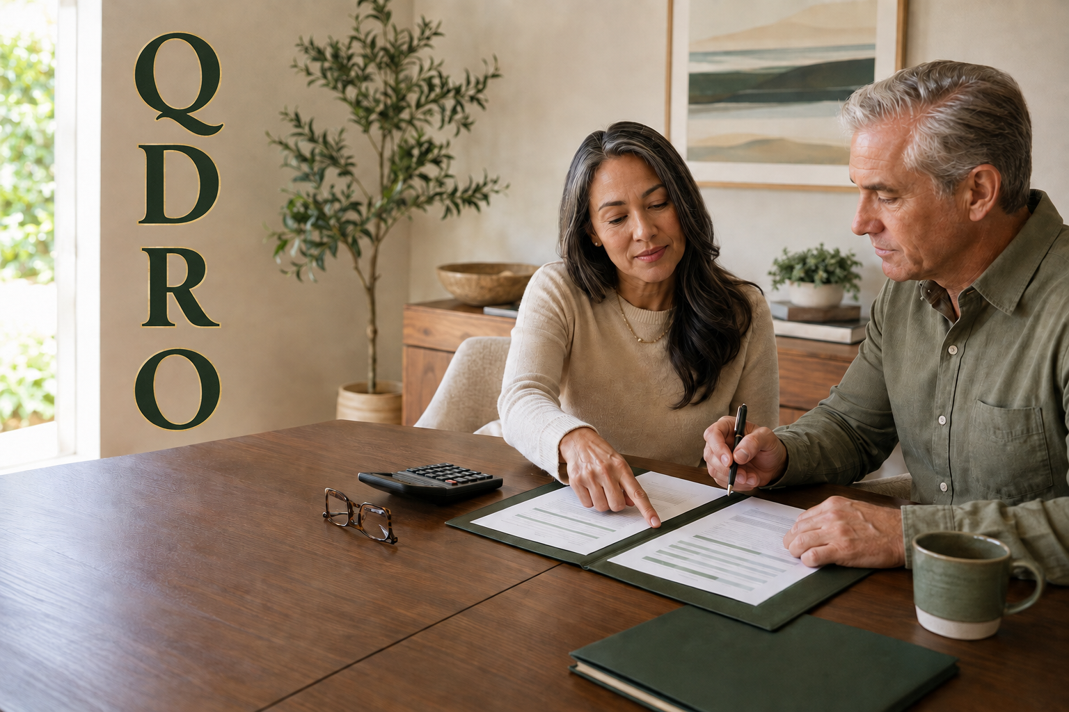 Retirement-plan documents and a pen on a clean desk, with a couple in the background.