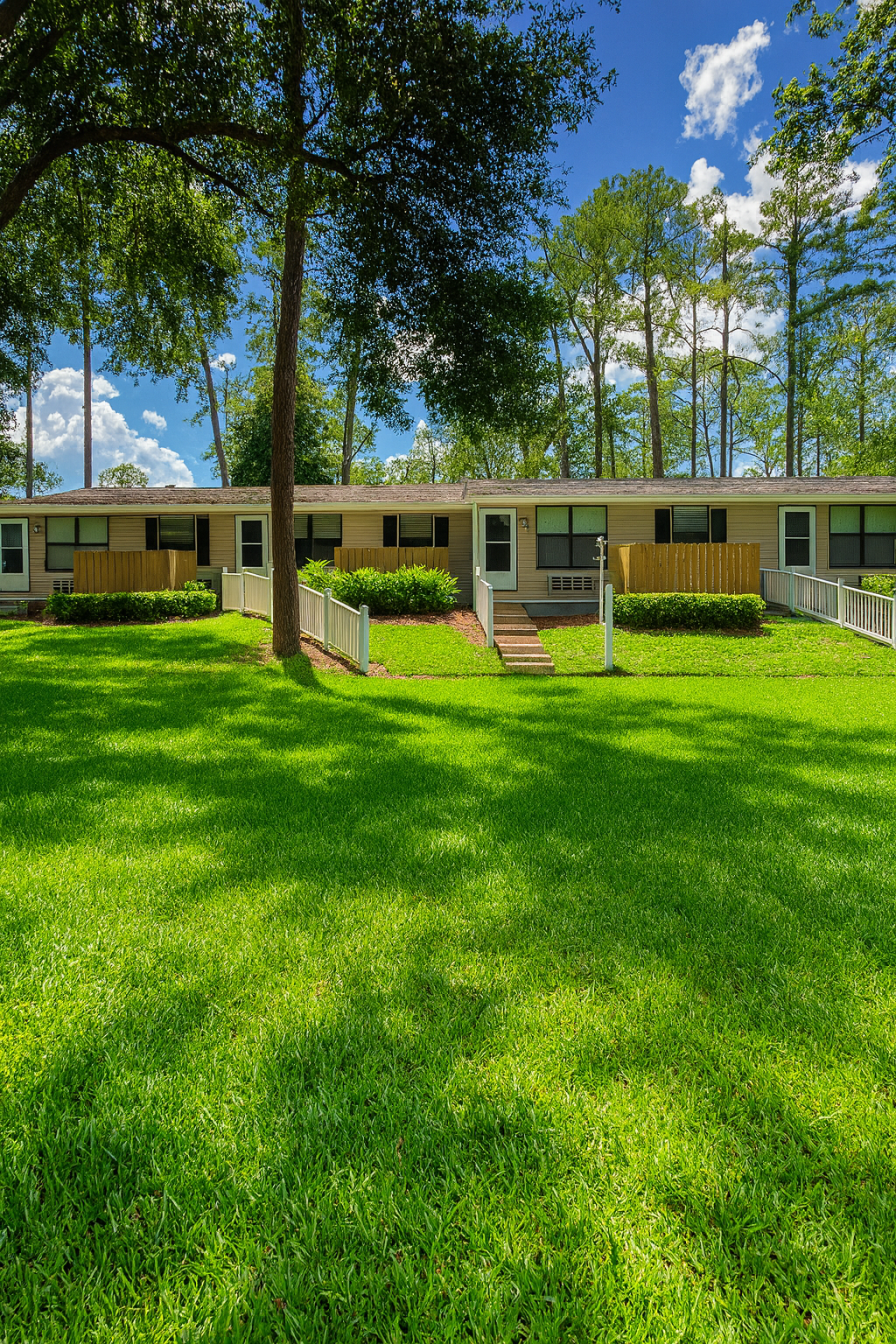 Row of beige houses with white picket fences, green lawn, and tall trees under a blue sky with clouds.