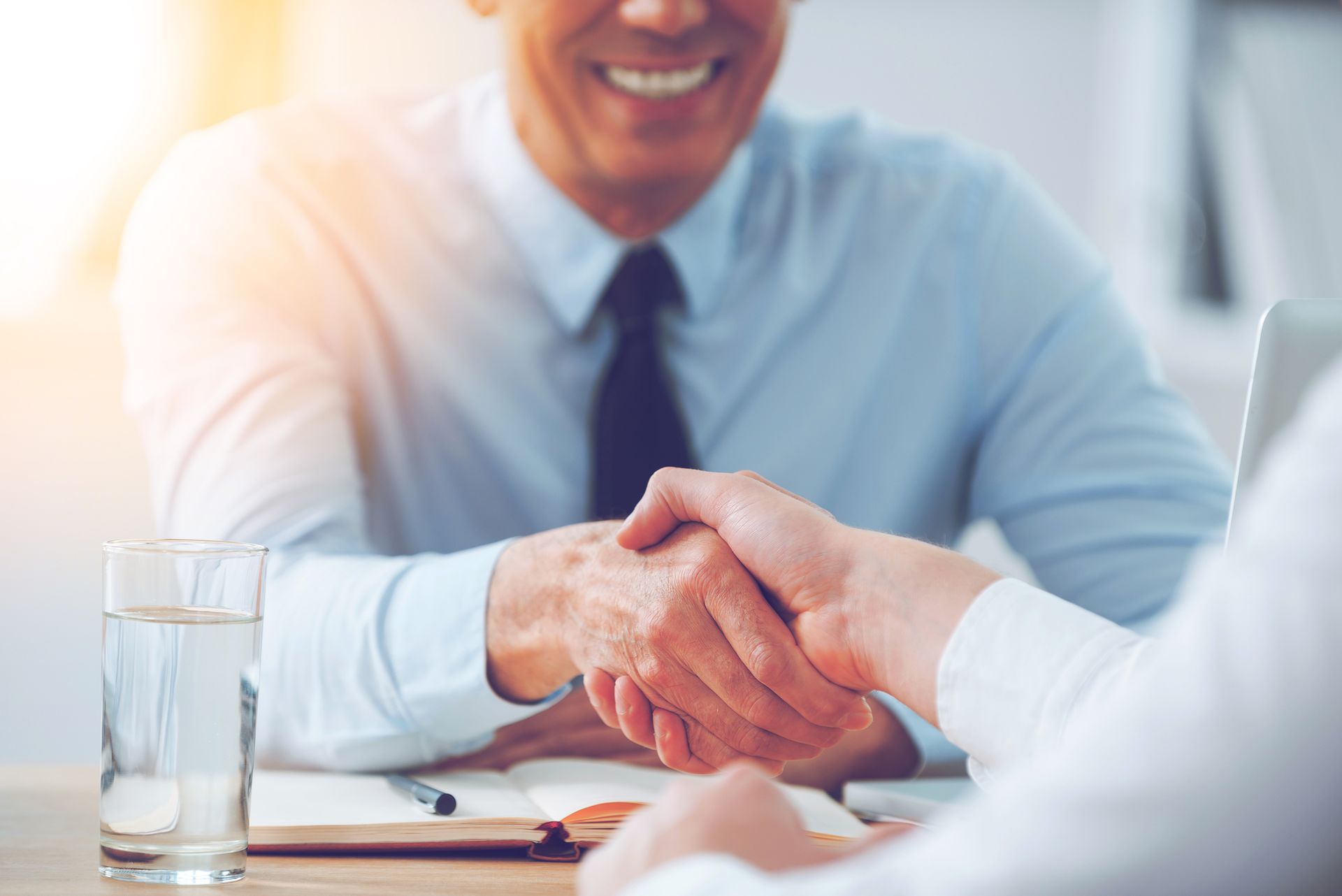 Two men shaking hands, sealing a deal, smiles, office setting.