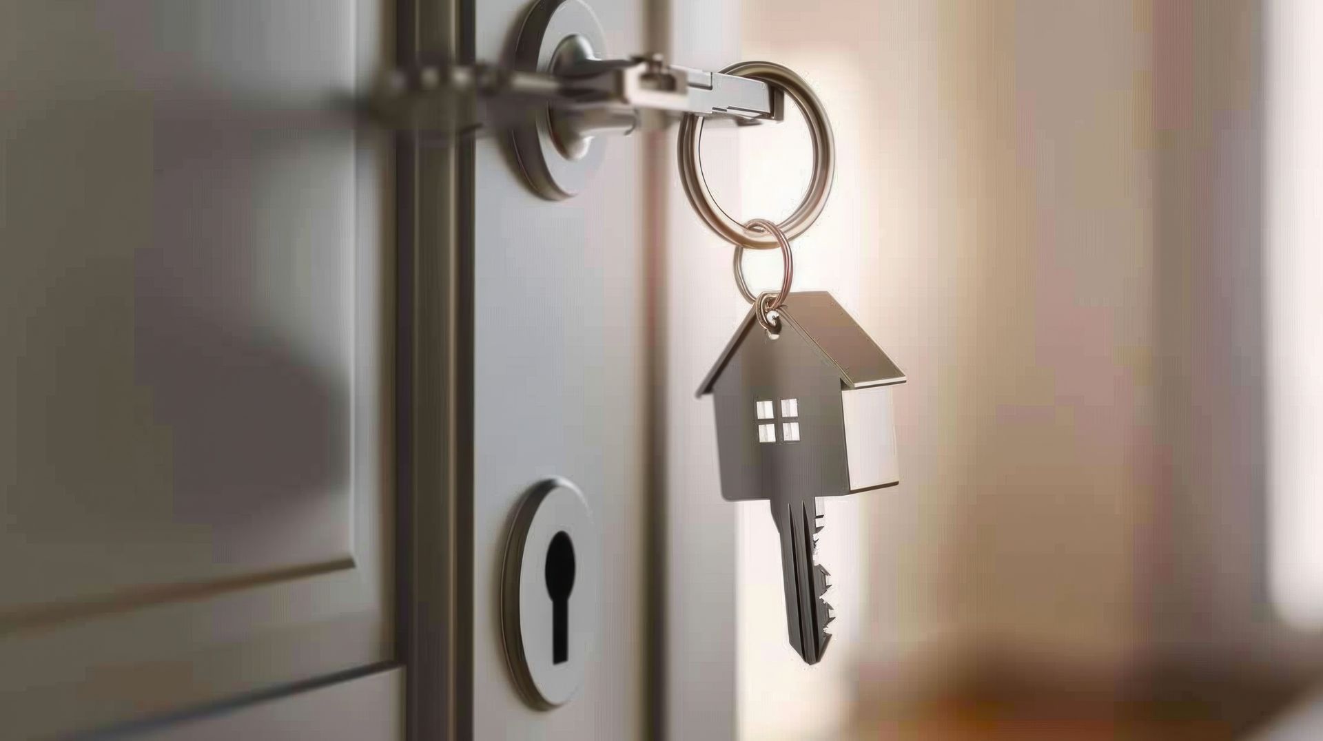 Moving house, relocation. Man hold key house keychain in new apartment. move in new home.