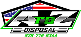 Logo for A to Z Disposal with American flag, green and black text and a phone number.