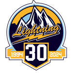 Lightning logo with mountains, large number 30, and dates 1994 and 2024 in navy, gold, and white