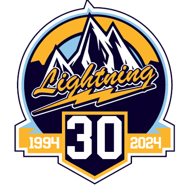 Lightning logo with mountains, large number 30, and dates 1994 and 2024 in navy, gold, and white