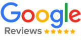Google Reviews logo with blue, red, yellow, and green text and five gold stars.