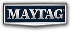 Maytag logo in white text on a navy blue rectangle with a silver border and shadow.