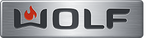 Wolf brand logo on a silver background, with a red flame inside the letter 