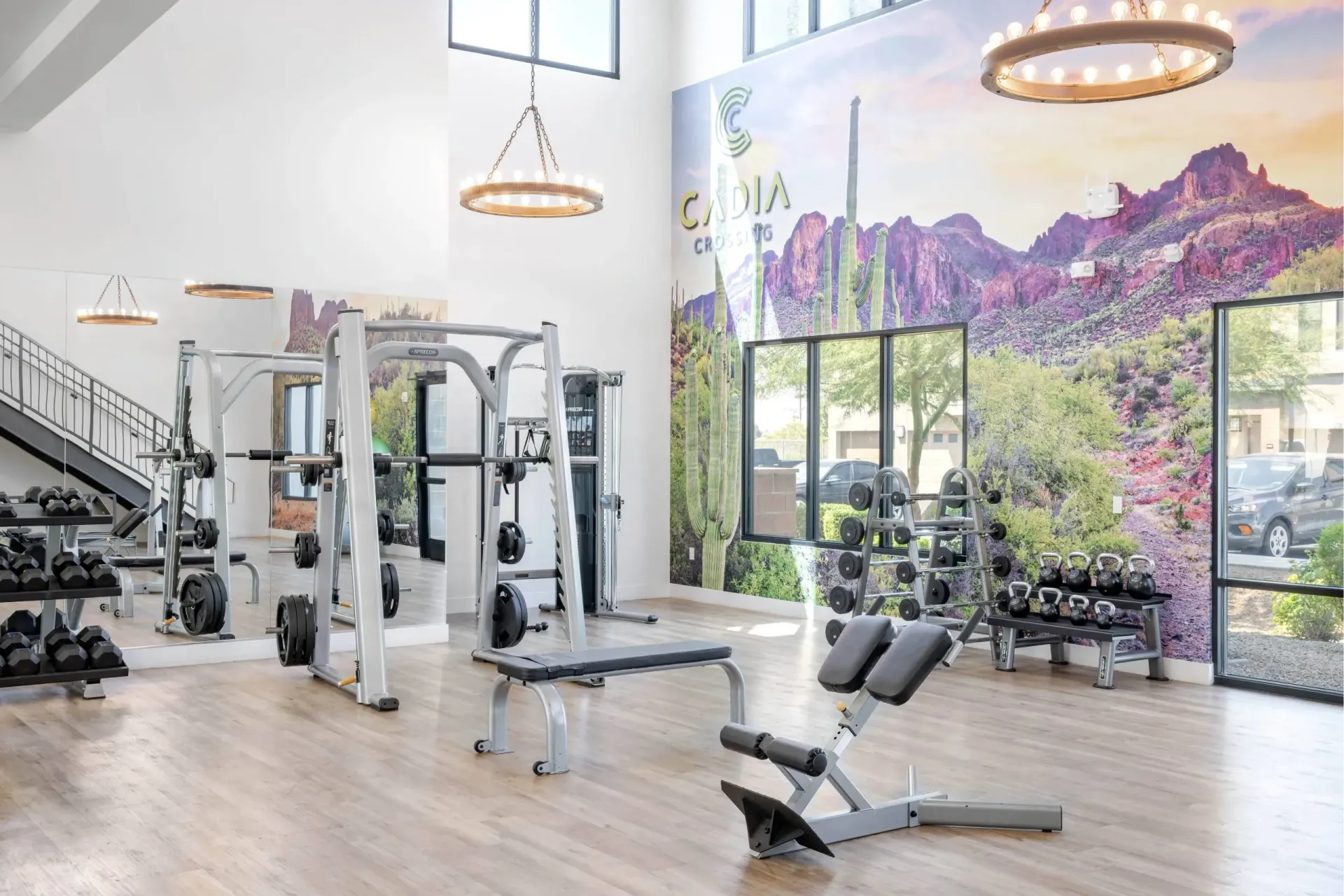 A gym with a variety of equipment and a large window showing a view of the outdoors at Cadia Crossing offers apartments near downtown Gilbert, AZ.