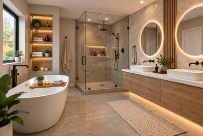 Modern beige bathroom with freestanding tub, glass shower, double vanity, and oval mirrors