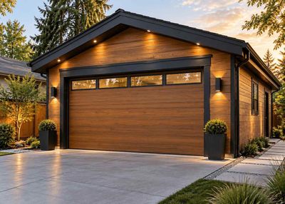 Modern two-car garage with wood-paneled door, black trim, and warm exterior lighting at dusk