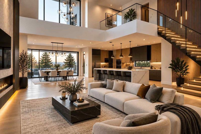 Modern luxury living room with two-story windows, neutral sofas, staircase, and warm lighting