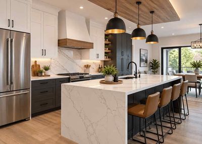 Modern kitchen with white marble island, black pendant lights, and stainless steel appliances
