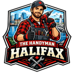 Logo of a handyman in red plaid holding tools with Halifax skyline and “The Handyman Halifax” text