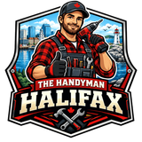 Logo of a handyman in red plaid holding tools with Halifax skyline and “The Handyman Halifax” text