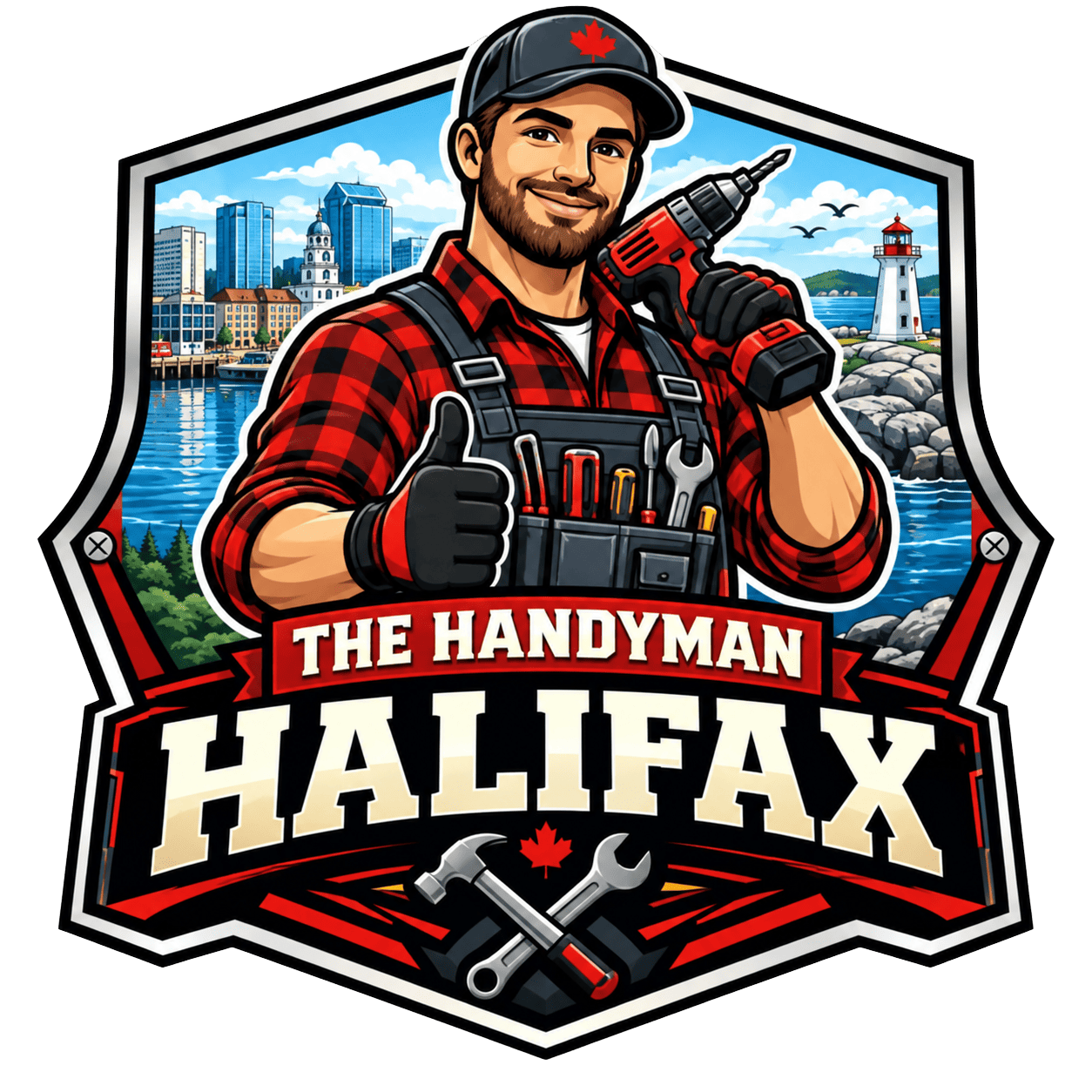 Logo of a handyman in red plaid holding tools with Halifax skyline and “The Handyman Halifax” text