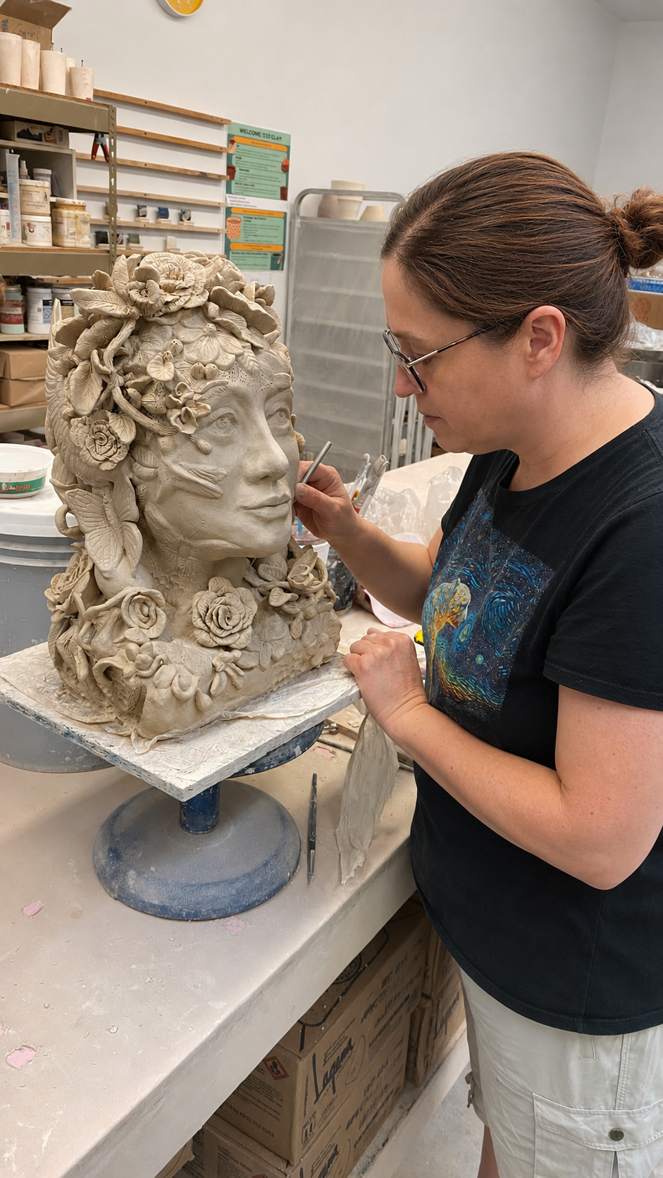 Woman sculpting a clay bust in a ceramics studio, with shelves of supplies in the background