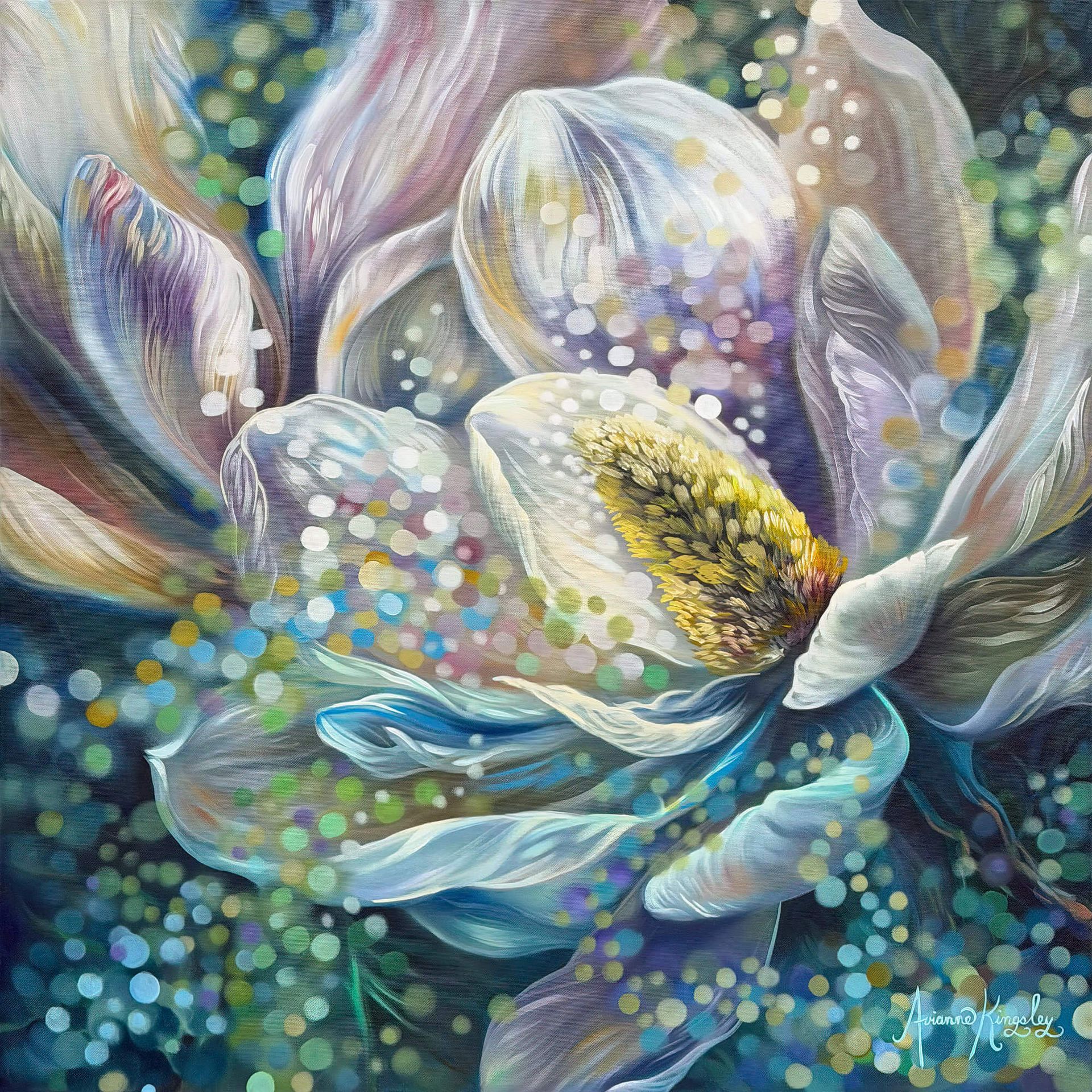 Abstract close-up of pastel flowers with sparkling dotted textures in blue, white, yellow, and lavender