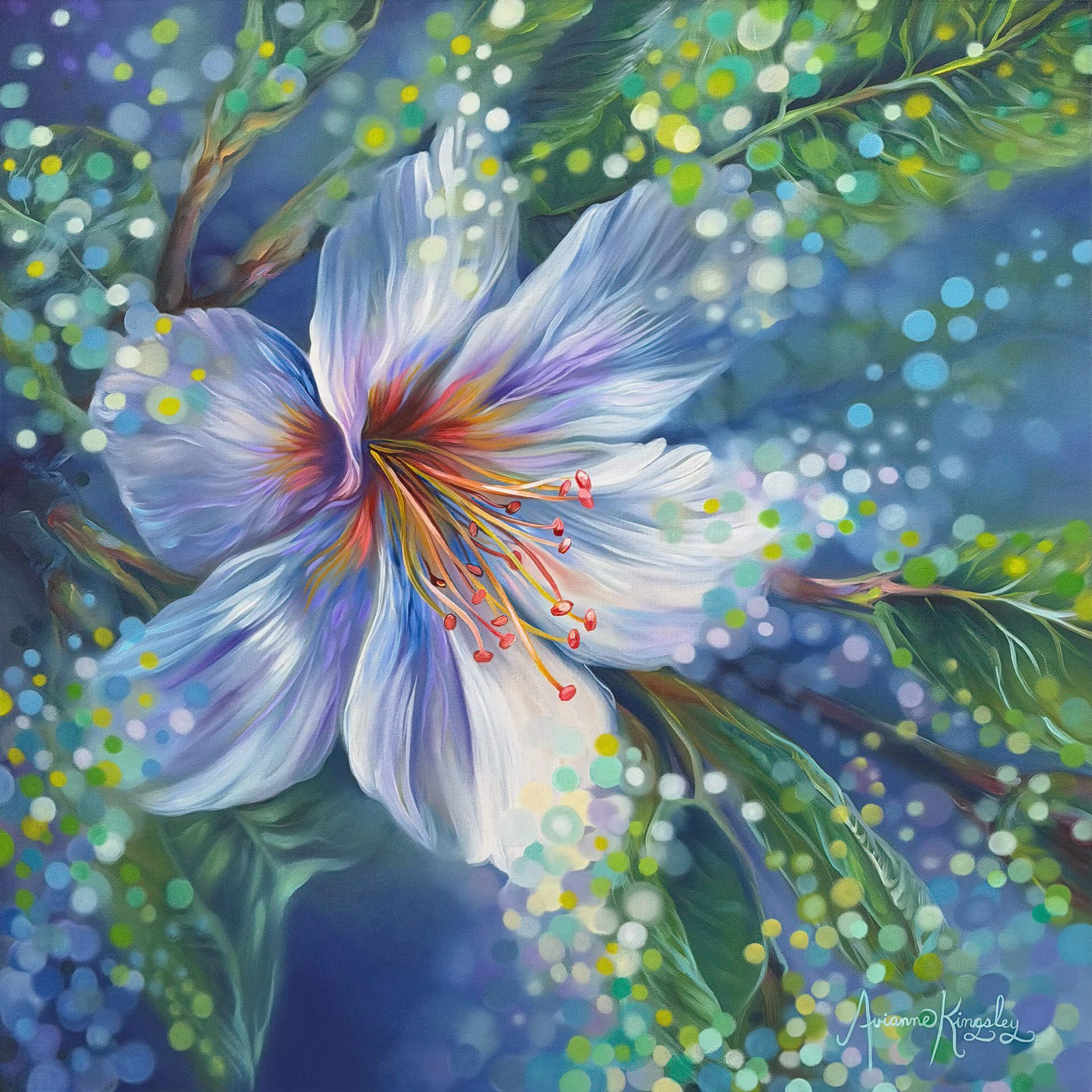 Close-up of a white and lavender flower with orange stamens against a blue-green dotted background