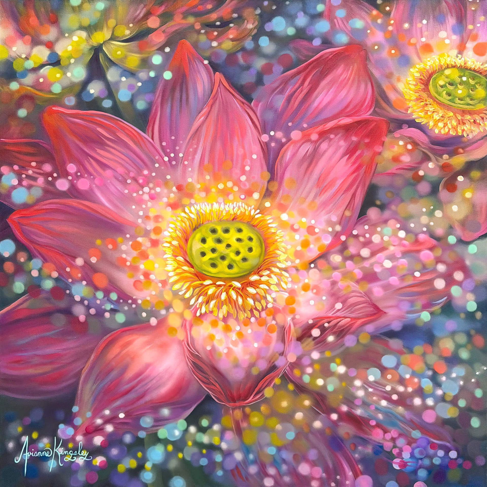 Pink lotus flowers with yellow centers in a colorful, sparkling abstract background