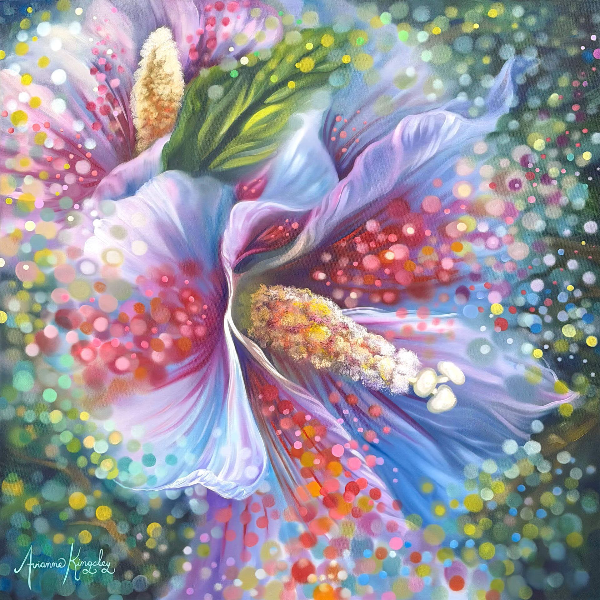 Abstract pastel flower with lavender petals and a yellow center, surrounded by colorful dotted light.
