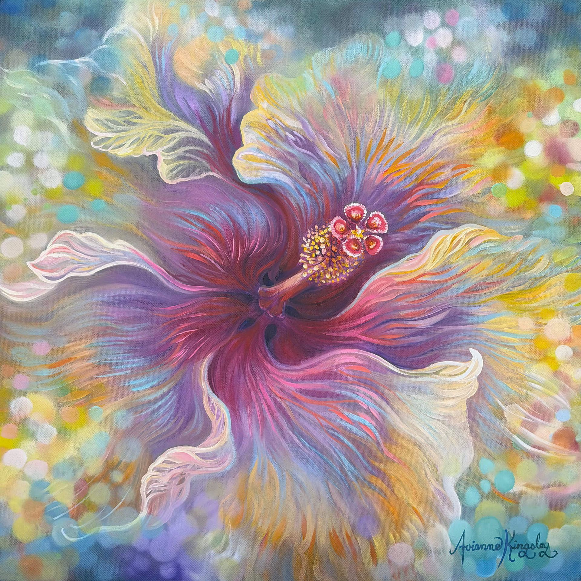 Colorful pastel painting of a blooming hibiscus flower with soft, swirling petals and a blurred bokeh background