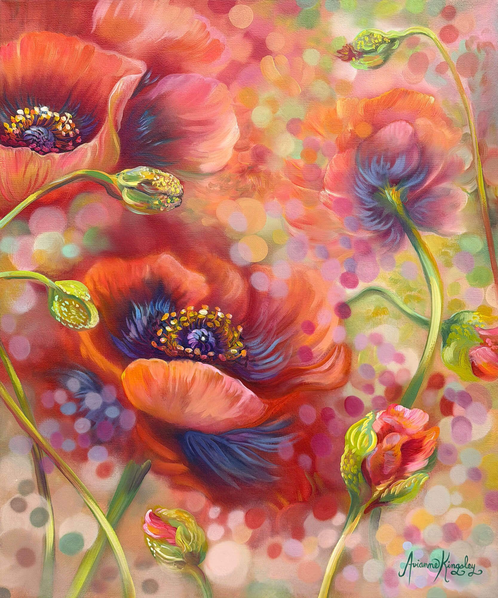 Abstract painting of vibrant pink poppies with green stems and soft, glowing bokeh dots