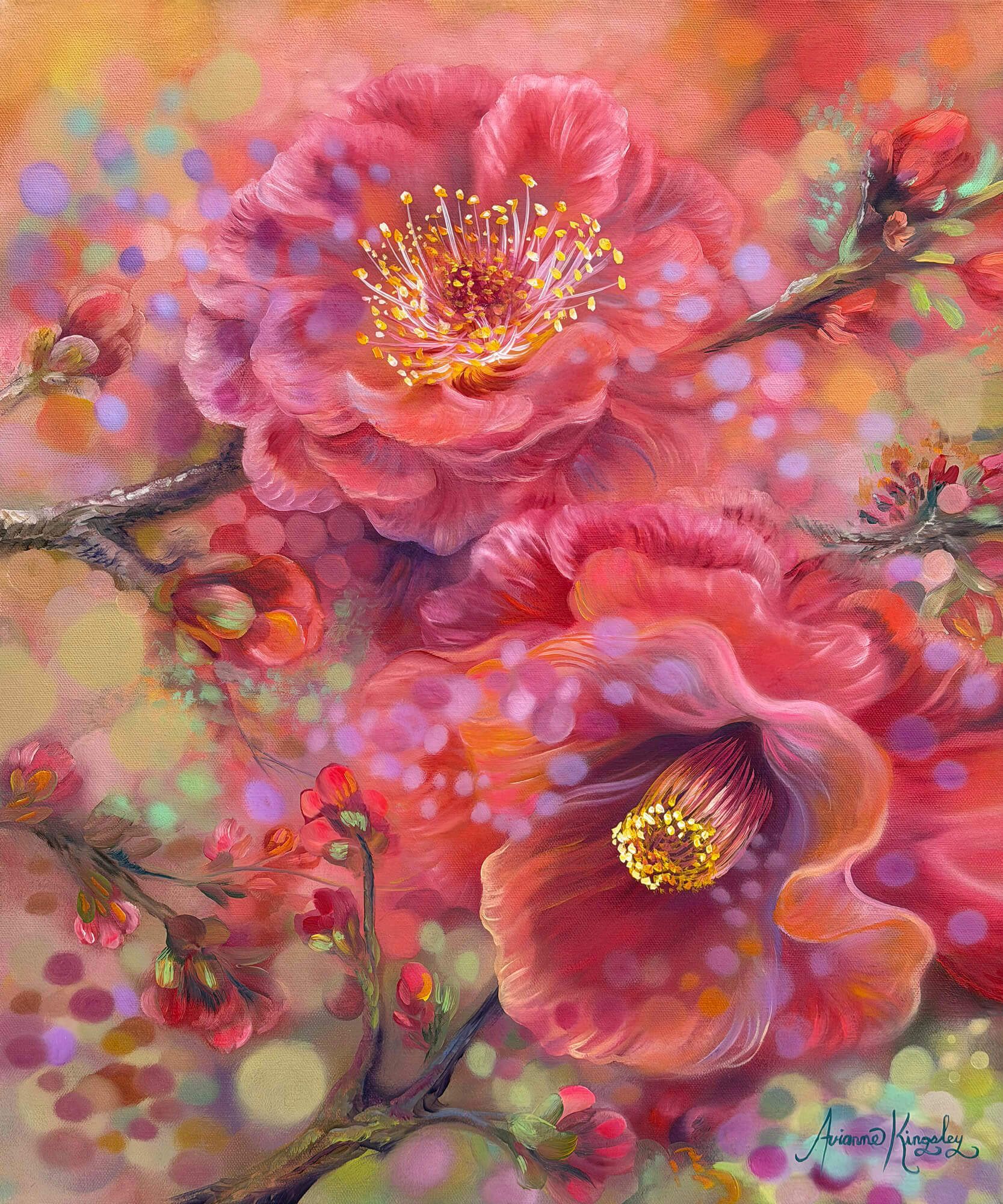Pink and coral blossoms with golden centers on a soft watercolor background