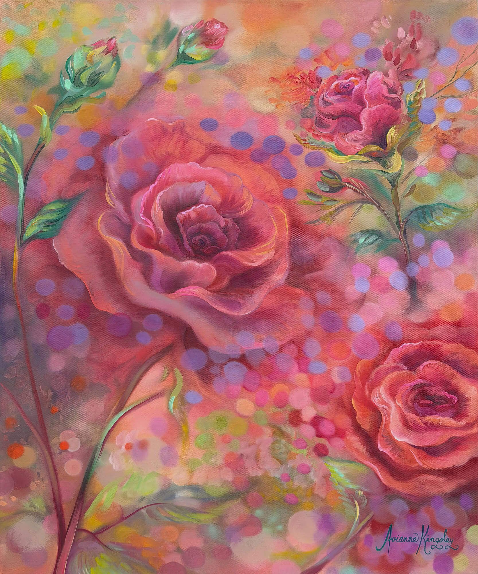 Pink roses with green leaves on a colorful pastel, abstract floral background
