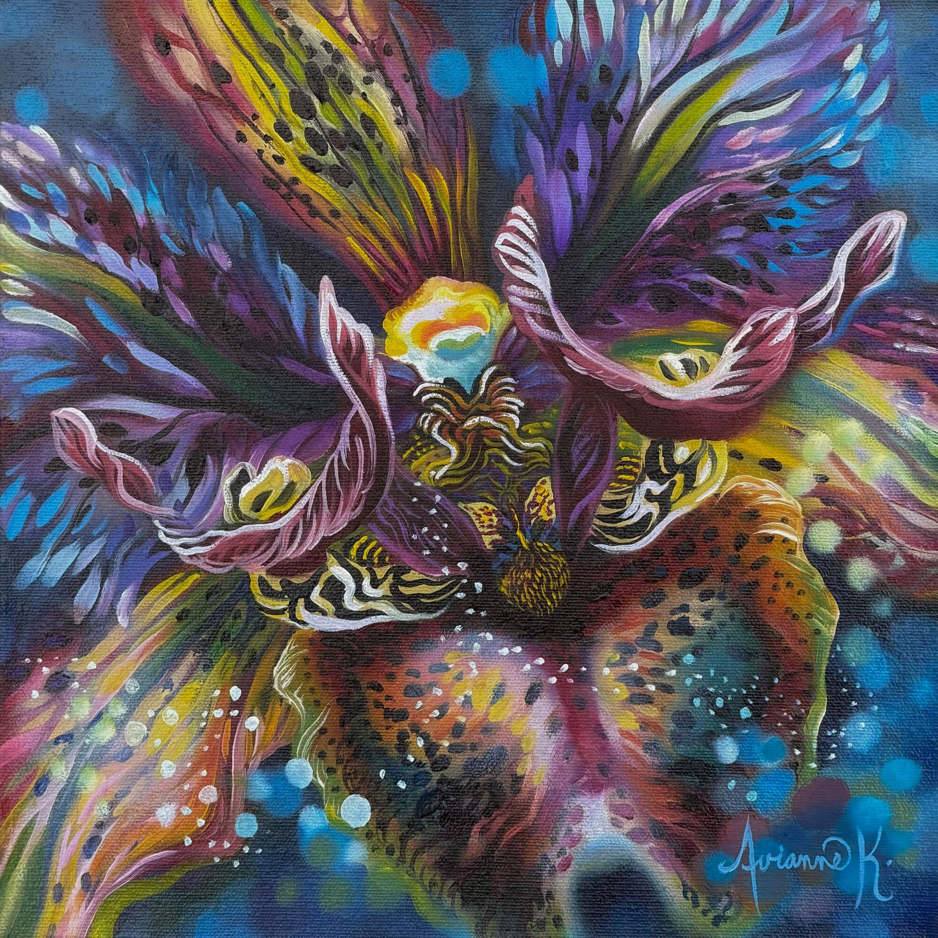 Abstract colorful painting of a flower-like creature with purple petals and glowing yellow center