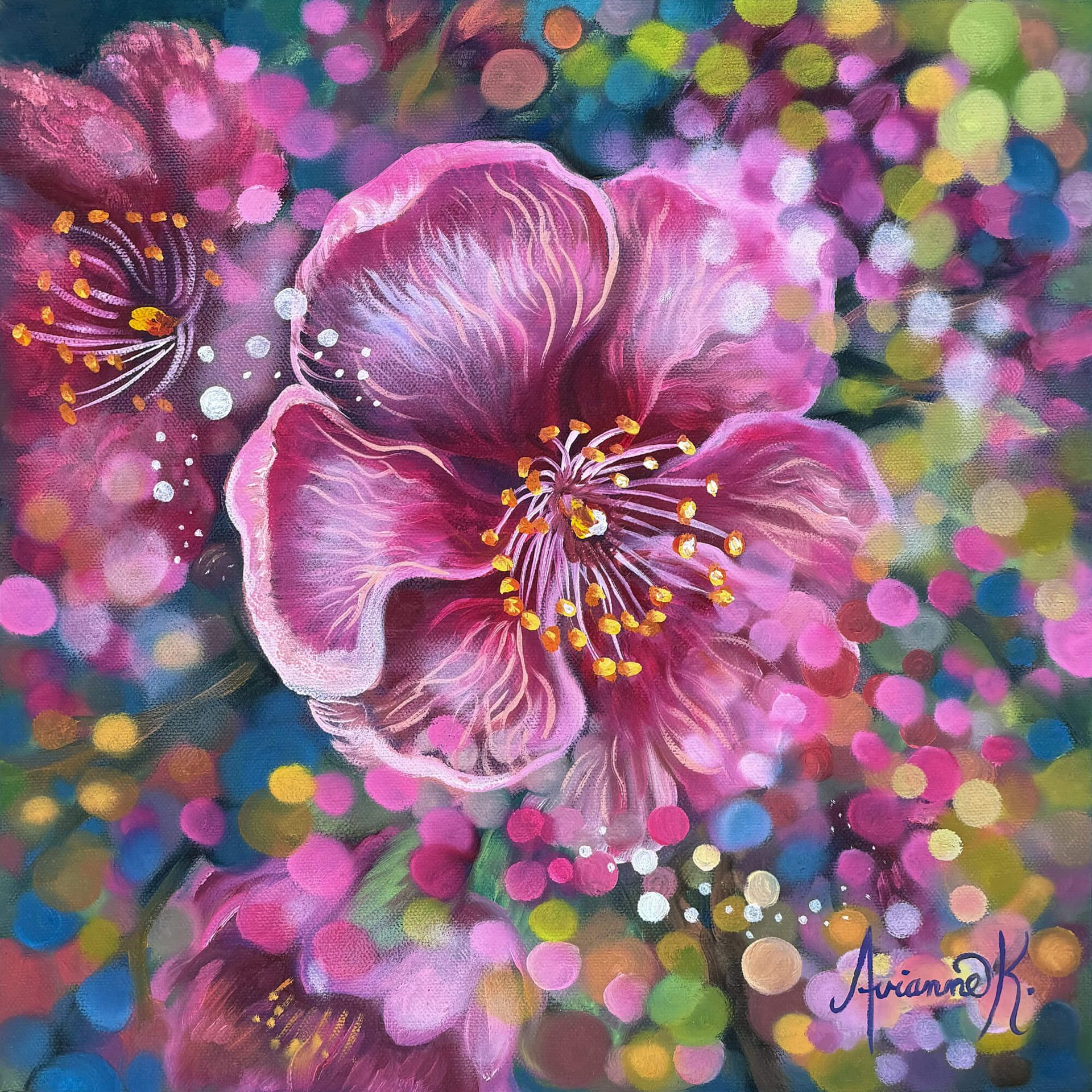 Pink and purple abstract flowers with bright bokeh dots on a colorful background