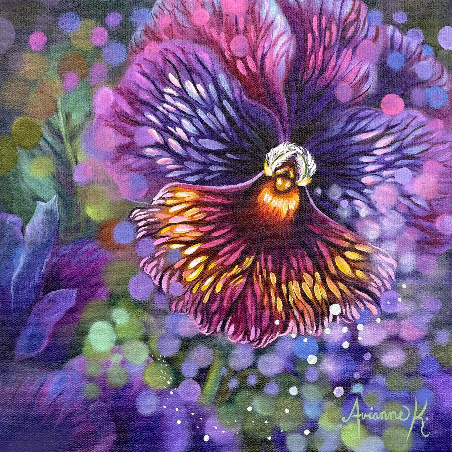 Purple and magenta bird with flared feathers, glowing against a soft bokeh background