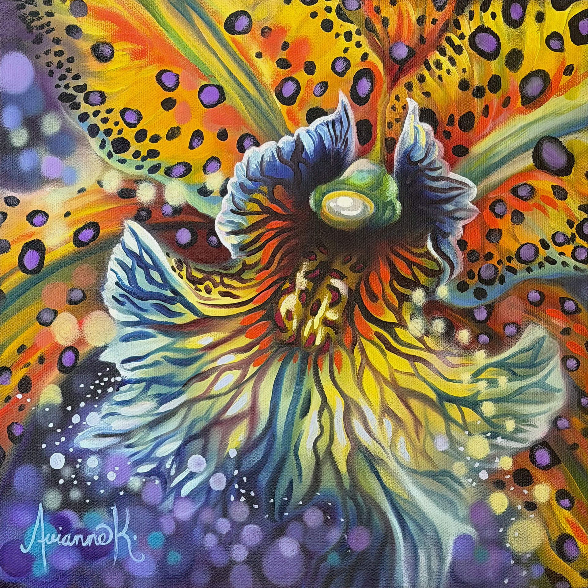 Colorful abstract flower with yellow, purple, and orange petals on a textured background