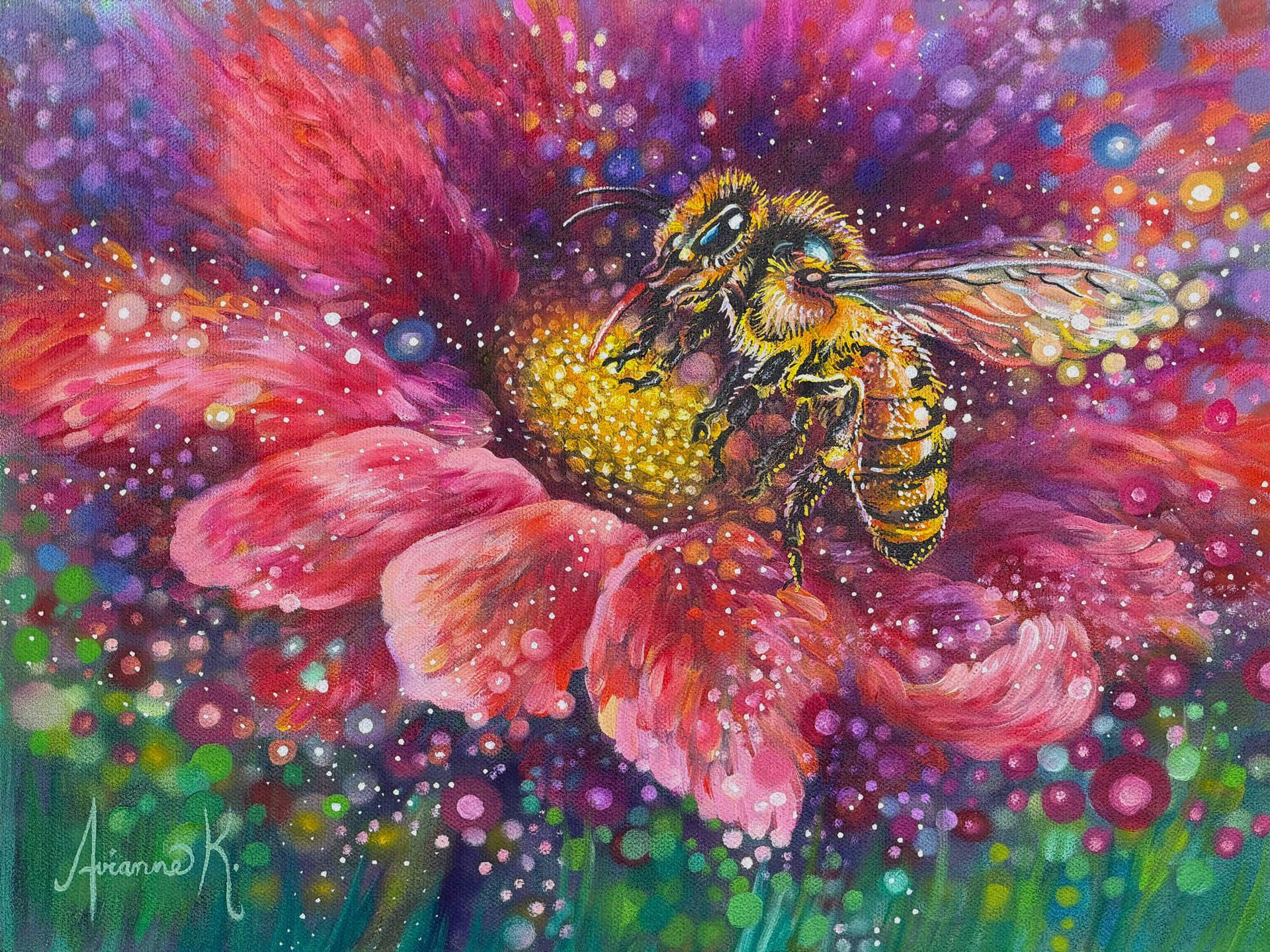 Bee on pink flower with colorful, sparkling background