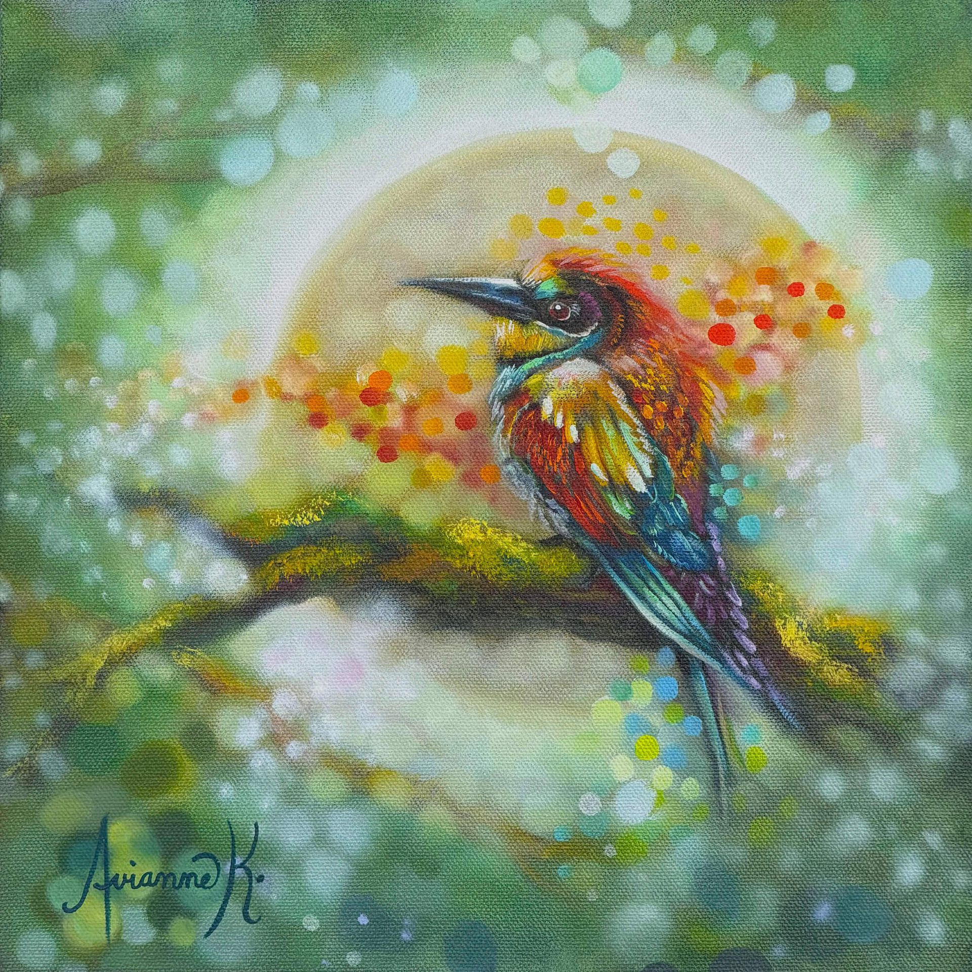 Colorful watercolor bird perched on a branch, with a glowing halo and soft bokeh background.