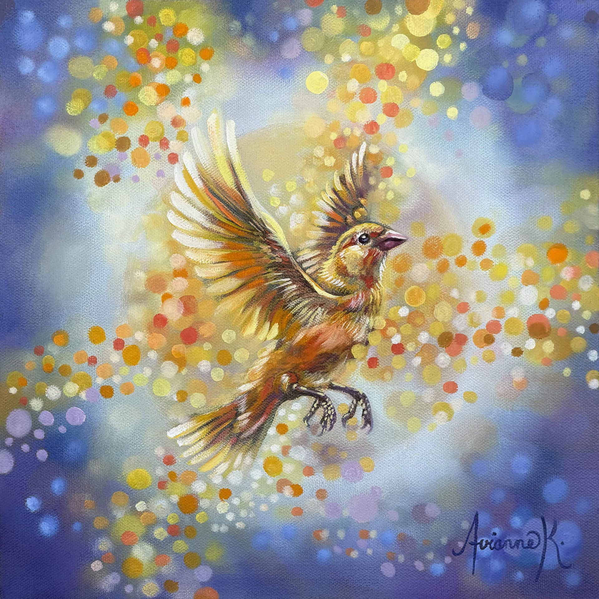 Watercolor-style bird in flight against a blue, gold-speckled background