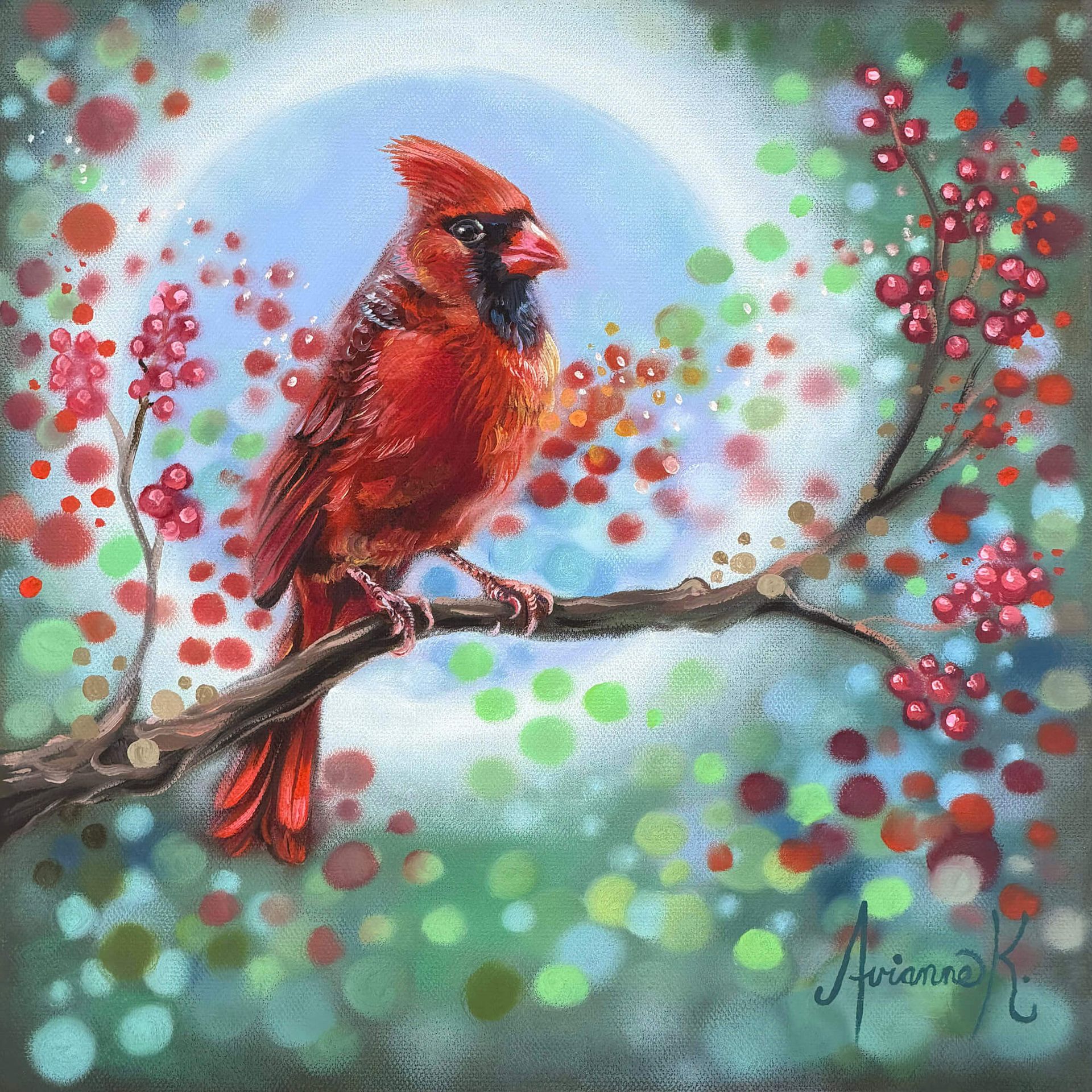 Red cardinal perched on a berry-covered branch against a soft, colorful bokeh background.