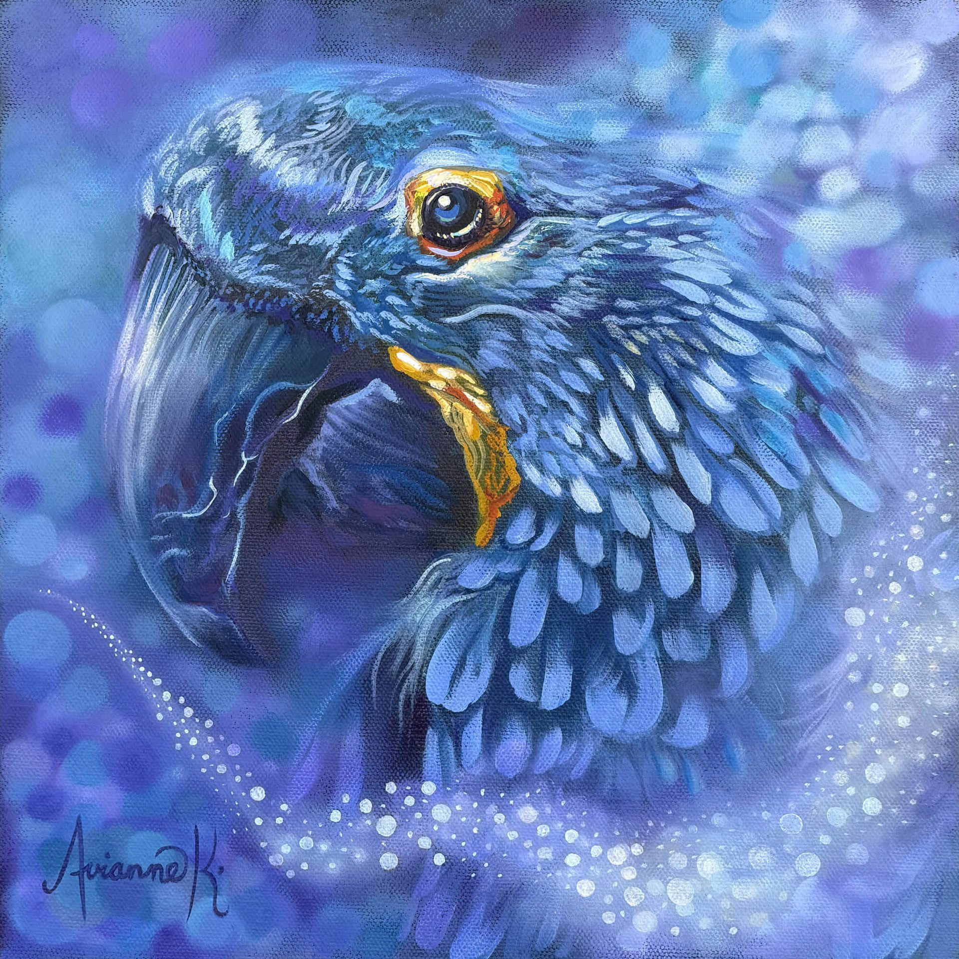 Blue parrot portrait with a golden eye and beak, painted in soft purple and blue tones