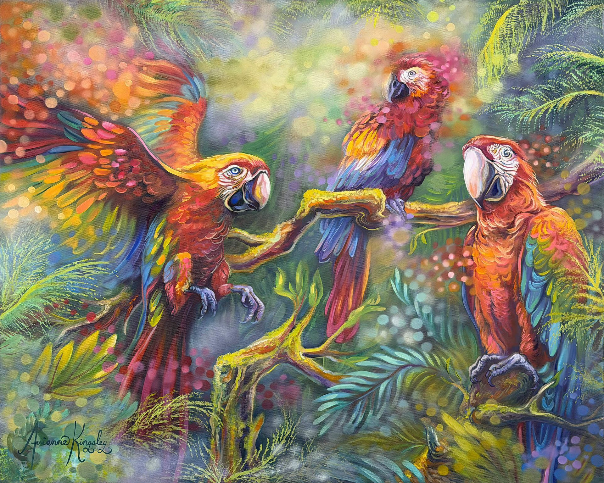 Three colorful parrots perched in a lush, painterly tropical scene