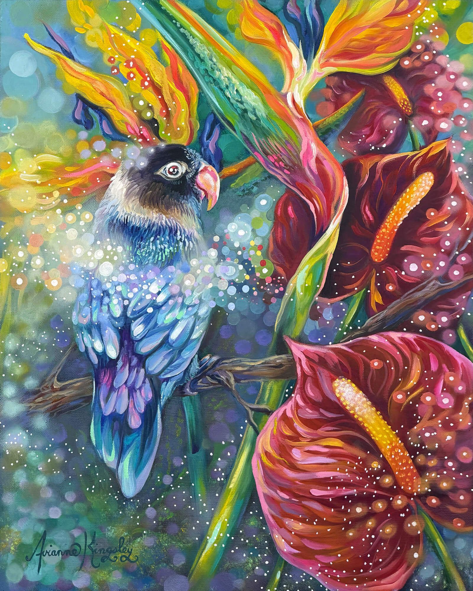 Colorful painting of a hummingbird among vibrant flowers and swirling rainbow foliage.