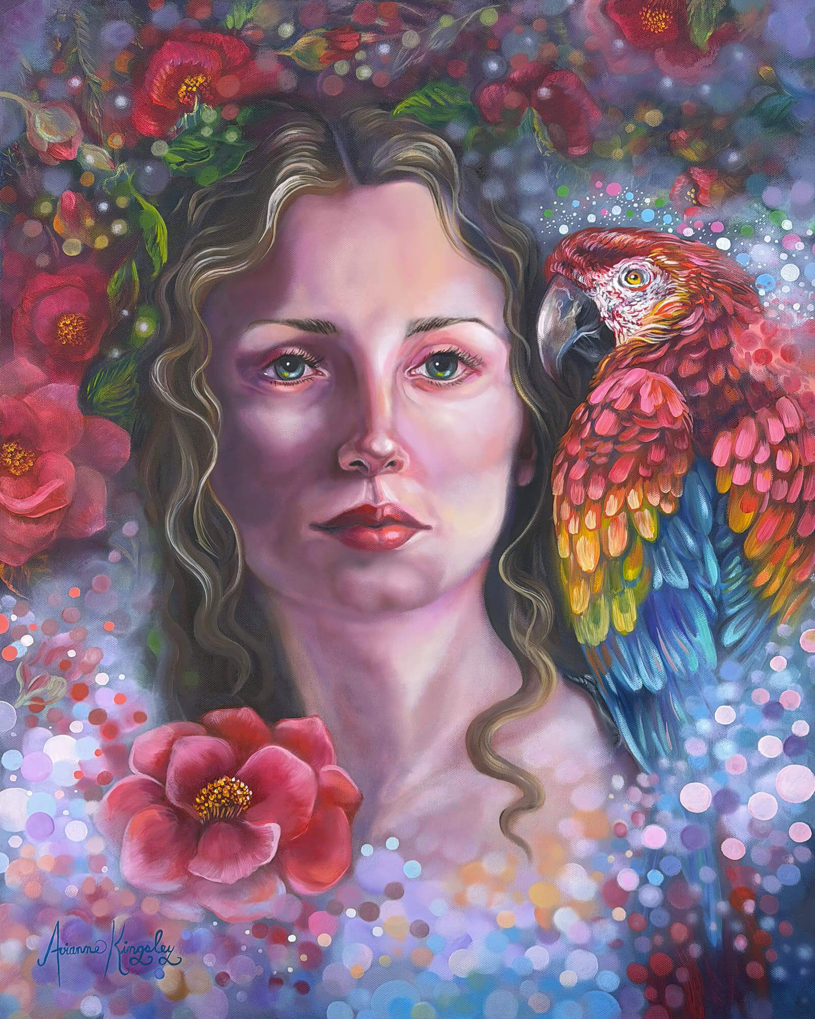Colorful portrait of a woman beside a vivid parrot, with flowers and a dreamy floral background