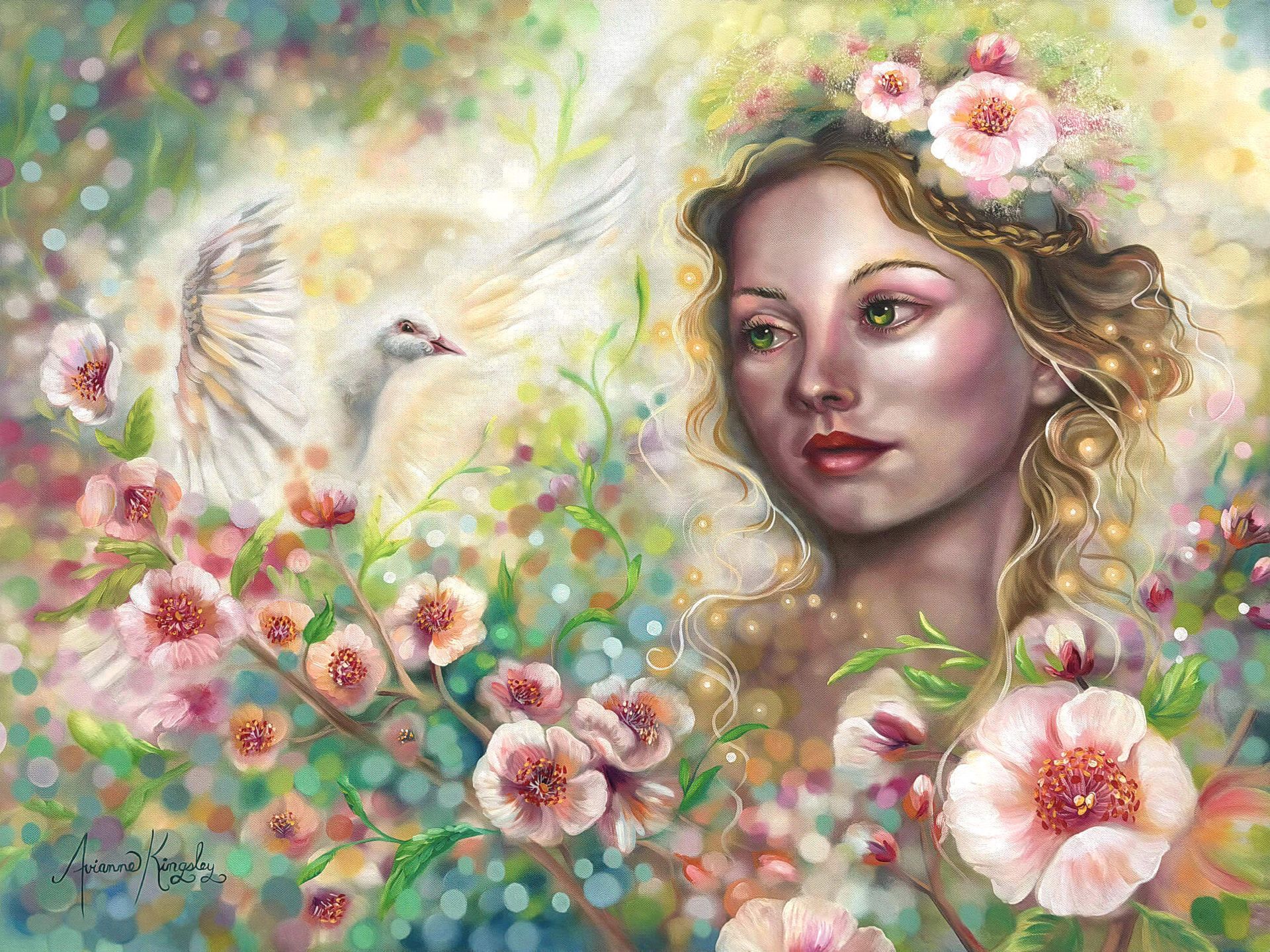 Dreamy floral portrait of a woman with butterflies, blossoms, and soft pastel colors