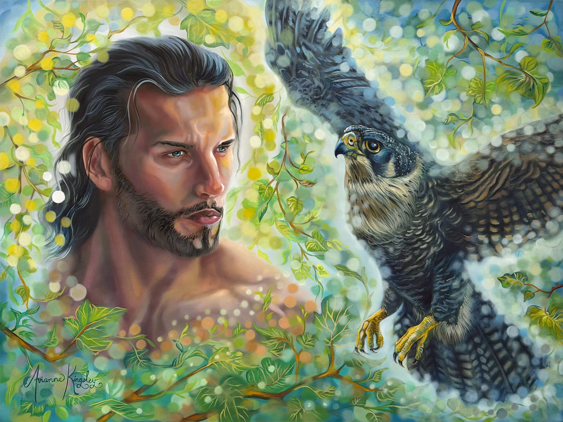 Man with dark hair and beard facing an owl amid green leaves and glowing blossoms