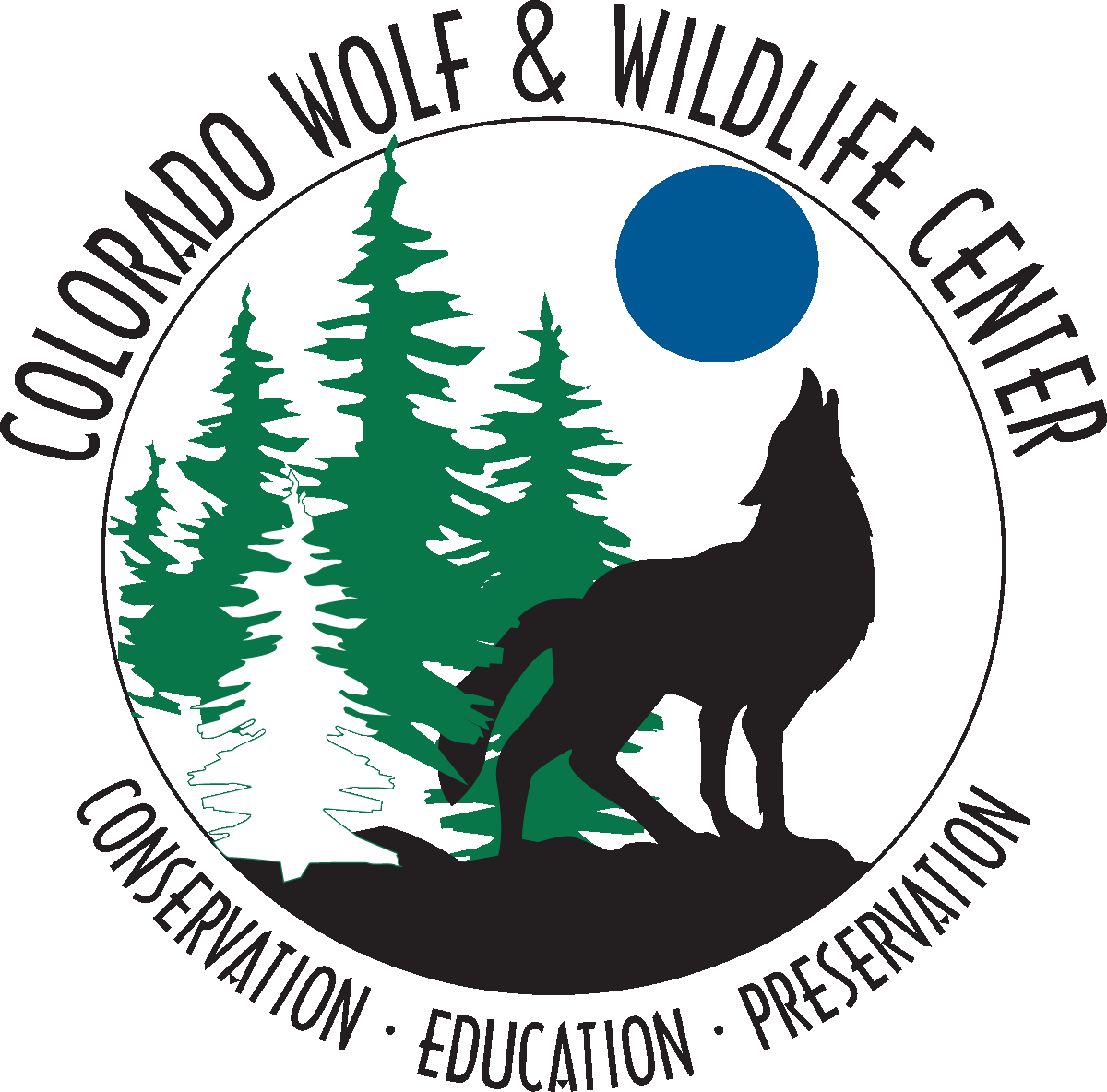 Colorado Wolf & Wildlife Center logo with trees, wolf silhouette, and blue sun circle