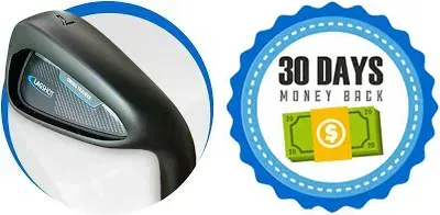 Black-and-white ear clip on left; blue 30-day money-back guarantee badge on right.