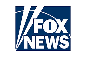 Fox News logo in white text on a blue square background, with a stylized white beam graphic.